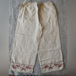 Style & Co. Beige Drawstring Linen Joggers with Red Embroidered Hem